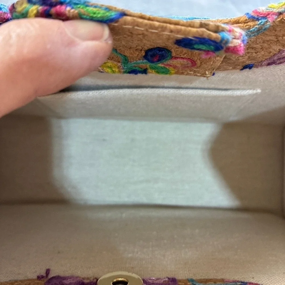 Floral Embroidered Cork Handbag Wooden Bead‎ Top Handle Satchel Tan Multi